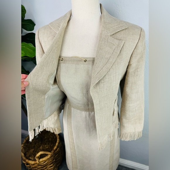 Harvey Bernard 100% Khaki Linen Two Piece Strapless Dress & Linen Fringe Jacket - Picture 11 of 12